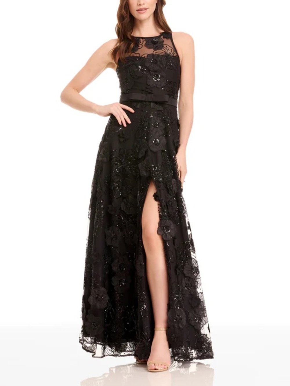 NWT❗️Dress the Population Nonie Black Floral Appliqué Maxi Gown with High Slit